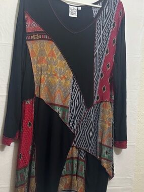 Parsley & Sage Black Tunic with Red, Gold & Green Patchwork